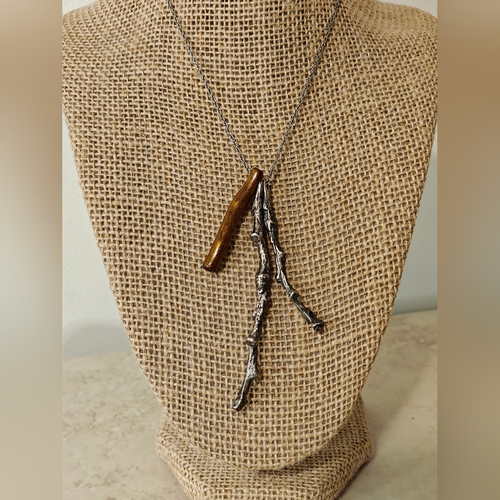 Handmade Oxidized Silver 925 & Gold Lacquer Coral Twig Branch Pendants Necklace - Picture 7 of 12